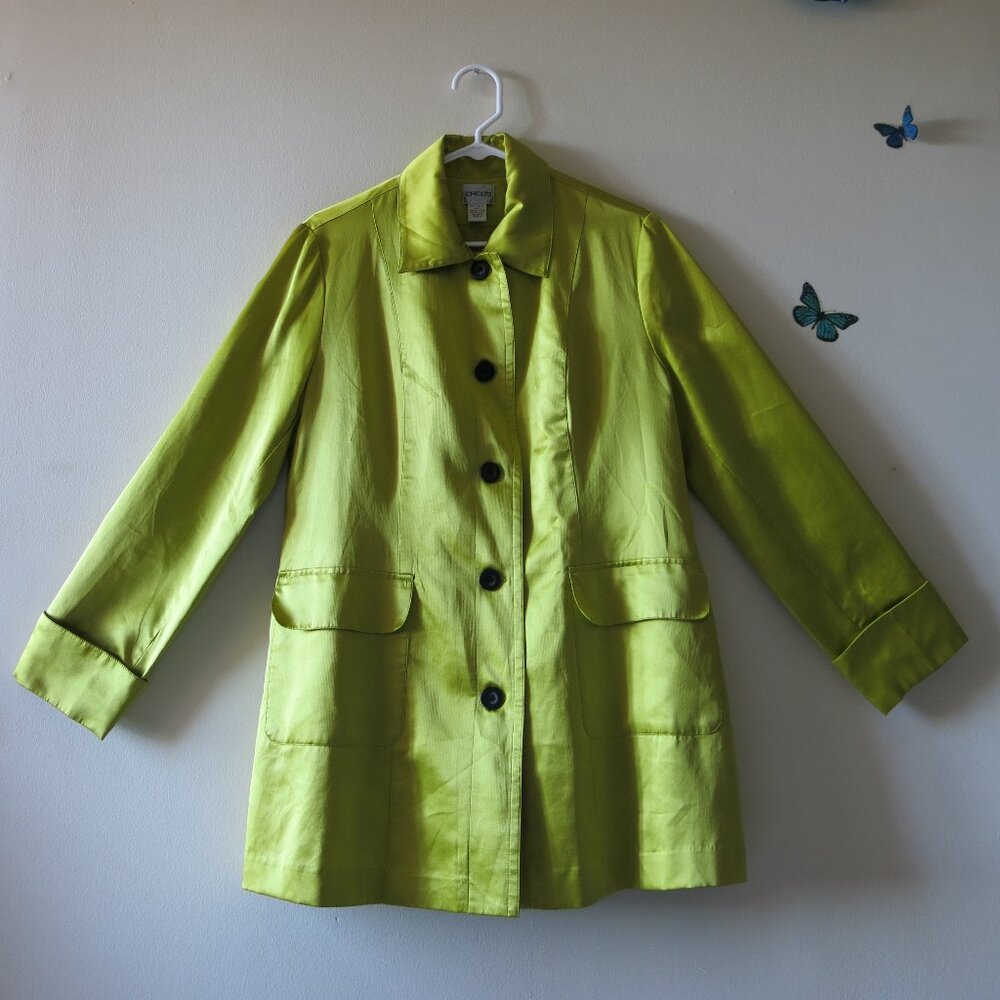 Chico's Green Lime Casual Silk Coat Lined Jacket with Pockets Size 1 or M (8-10)